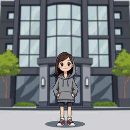 A cartoon style illustration of a girl wearing a grey hoodie, standing confidently in front of a dark grey hotel