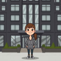 A cartoon style illustration of a girl wearing a grey hoodie, standing confidently in front of a dark grey hotel