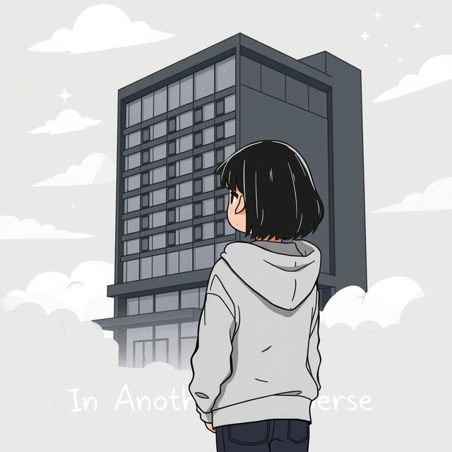 A cartoon-ish style illustration without outlines, depicting a girl in a grey hoodie standing with her back facing a dark grey hotel