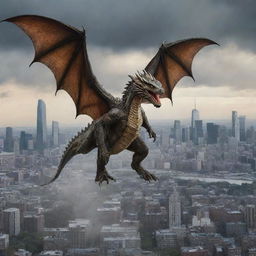 The terrified dragon makes a hasty retreat, fleeing from the city, receding into the horizon, leaving the skyline clear of its ominous presence.