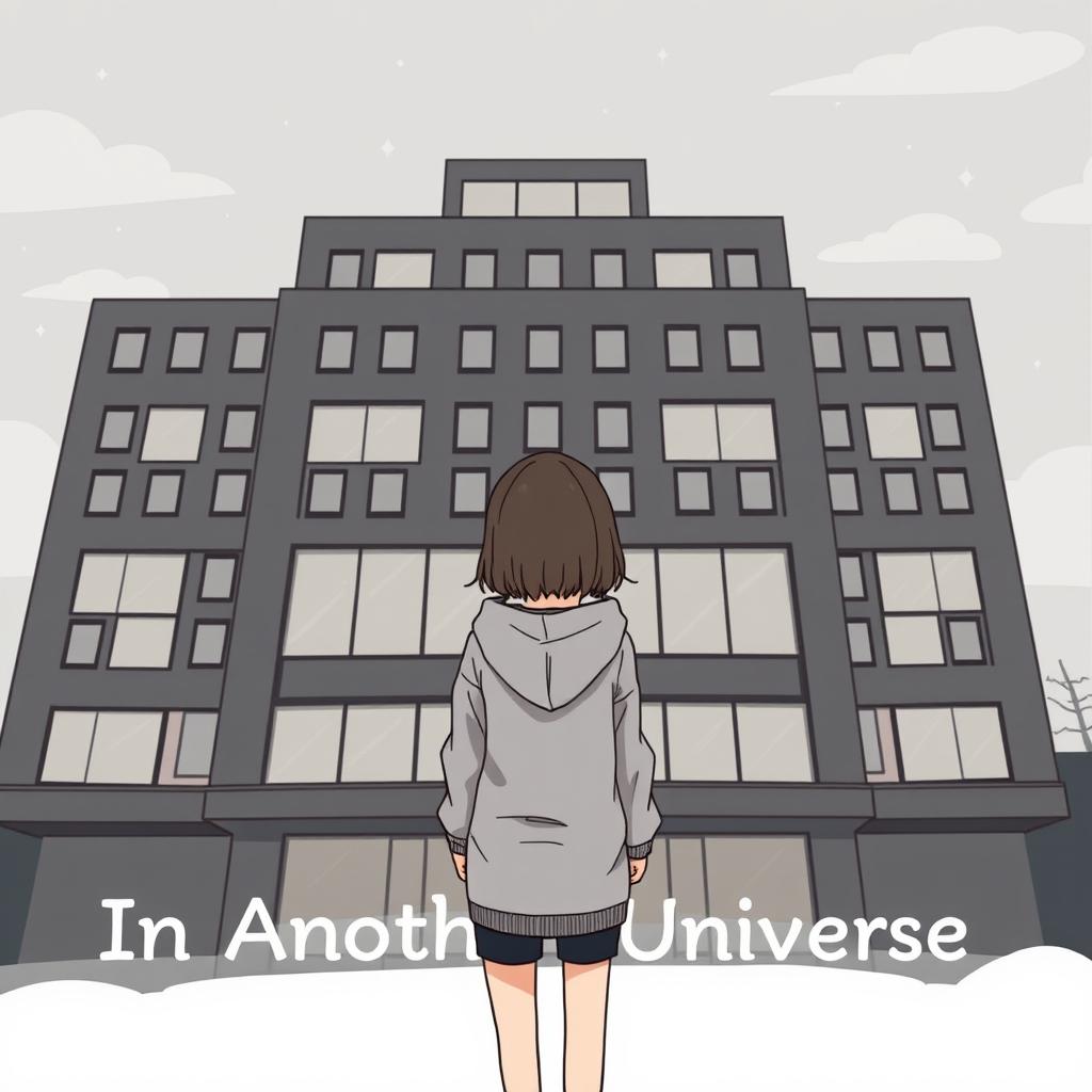 A cartoon-ish style illustration without outlines, depicting a girl in a grey hoodie standing with her back facing a dark grey hotel