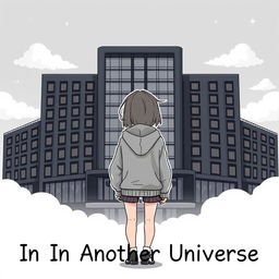 A cartoon-ish style illustration without outlines, depicting a girl in a grey hoodie standing with her back facing a dark grey hotel