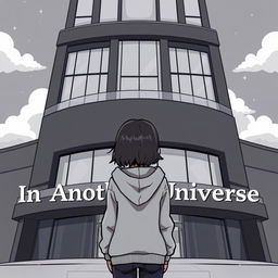 A cartoon-ish style illustration without outlines, depicting a girl in a grey hoodie standing with her back facing a dark grey hotel