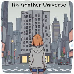 A cartoon-ish style illustration without outlines, depicting a girl in a grey hoodie standing with her back facing an ugly dark grey hotel in a bustling big city