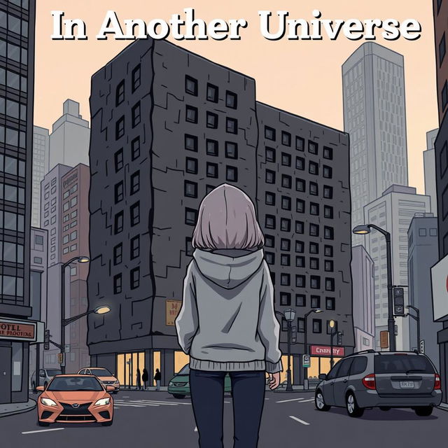 A cartoon-ish style illustration without outlines, depicting a girl in a grey hoodie standing with her back facing an ugly dark grey hotel in a bustling big city