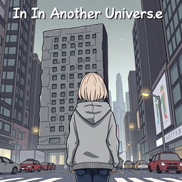 A cartoon-ish style illustration without outlines, depicting a girl in a grey hoodie standing with her back facing an ugly dark grey hotel in a bustling big city