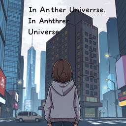 A cartoon-ish style illustration without outlines, depicting a girl in a grey hoodie standing with her back facing an ugly dark grey hotel in a bustling big city