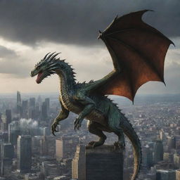 The terrified dragon makes a hasty retreat, fleeing from the city, receding into the horizon, leaving the skyline clear of its ominous presence.