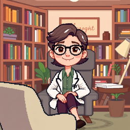 A pixel art character representing a psychologist, depicted in a charming and whimsical style