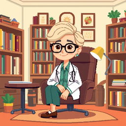 A pixel art character representing a psychologist, depicted in a charming and whimsical style