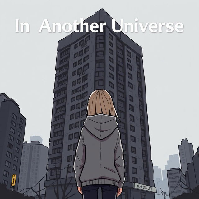 A cartoon-ish style illustration without outlines, featuring a girl in a grey hoodie standing with her back facing an ugly, dominating dark grey hotel that fills the entire cover