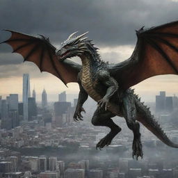 The terrified dragon makes a hasty retreat, fleeing from the city, receding into the horizon, leaving the skyline clear of its ominous presence.