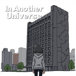 A cartoon-ish style illustration without outlines, featuring a girl in a grey hoodie standing with her back facing an ugly, dominating dark grey hotel that fills the entire cover
