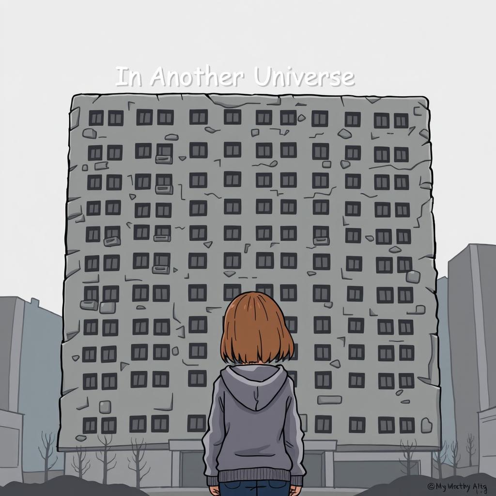 A cartoon-ish style illustration without outlines, featuring a girl in a grey hoodie standing with her back facing an ugly, dominating dark grey hotel that fills the entire cover