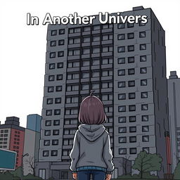 A cartoon-ish style illustration without outlines, featuring a girl in a grey hoodie standing with her back facing an ugly, dominating dark grey hotel that fills the entire cover