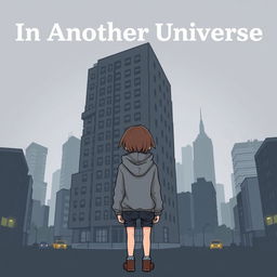 A cartoon-ish style illustration without outlines, featuring a girl in a grey hoodie standing with her back towards an ugly dark grey hotel that dominates the entire cover, set in a bustling big city