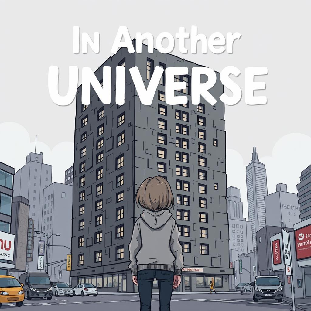 A cartoon-ish style illustration without outlines, featuring a girl in a grey hoodie standing with her back towards an ugly dark grey hotel that dominates the entire cover, set in a bustling big city