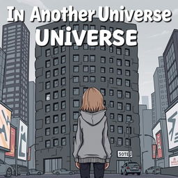 A cartoon-ish style illustration without outlines, featuring a girl in a grey hoodie standing with her back towards an ugly dark grey hotel that dominates the entire cover, set in a bustling big city