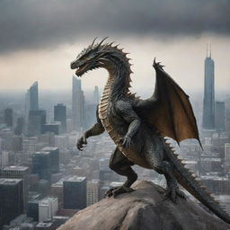 The terrified dragon makes a hasty retreat, fleeing from the city, receding into the horizon, leaving the skyline clear of its ominous presence.