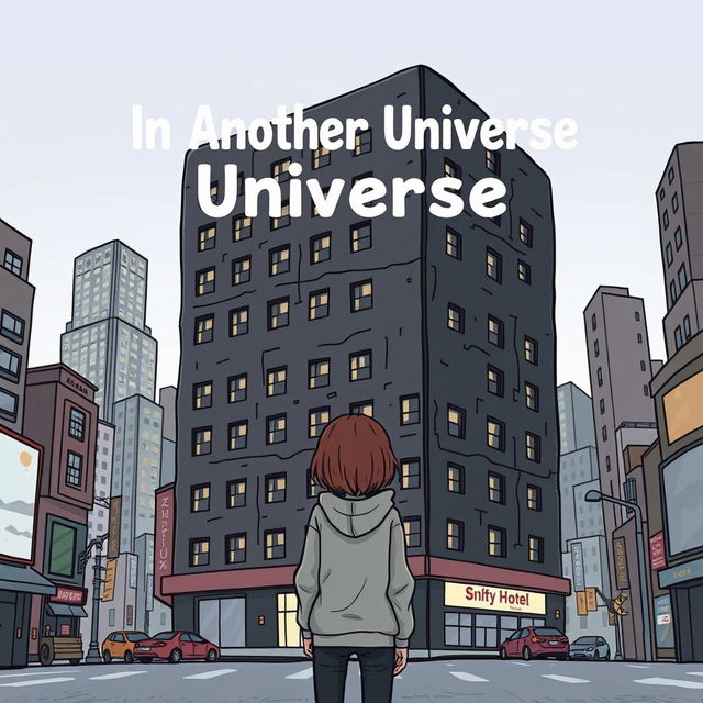 A cartoon-ish style illustration without outlines, featuring a girl in a grey hoodie standing with her back towards an ugly dark grey hotel that dominates the entire cover, set in a bustling big city