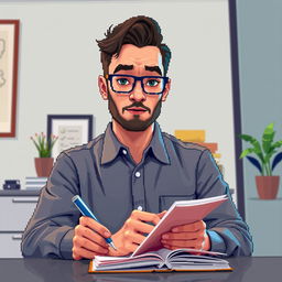 A front view pixel art depiction of a male psychologist actively jotting notes in a notebook