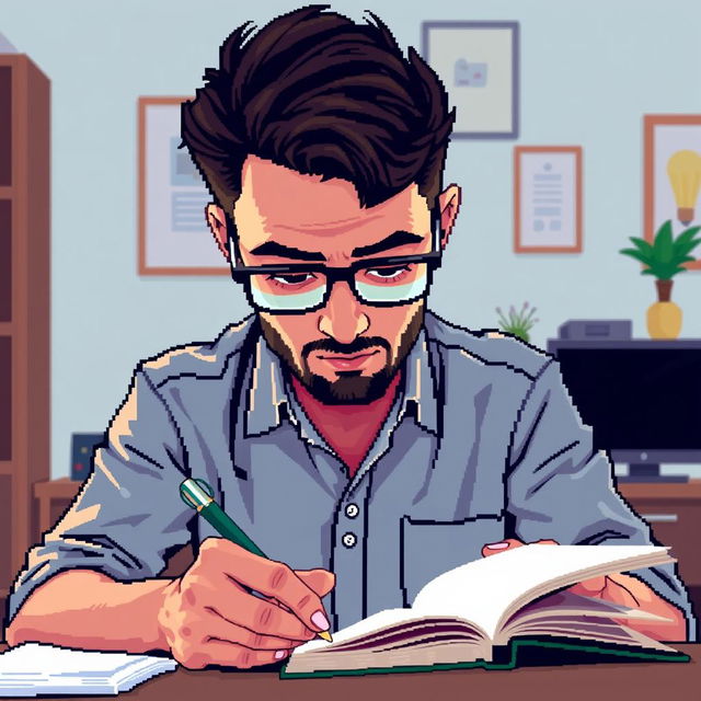 A front view pixel art depiction of a male psychologist actively jotting notes in a notebook