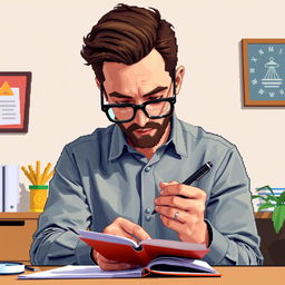 A front view pixel art depiction of a male psychologist actively jotting notes in a notebook