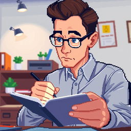 A front view pixel art depiction of a male psychologist actively jotting notes in a notebook