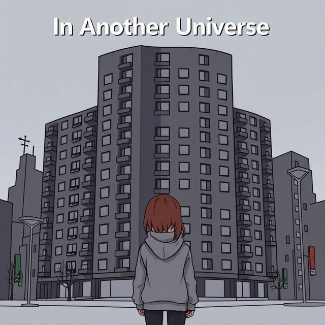 A cartoon-ish style illustration without outlines, featuring a girl in a grey hoodie standing with her back facing an ugly dark grey hotel that dominates the entire cover