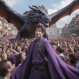 All the citizens, their faces filled with respect and admiration, celebrate the purple-eyed hero who successfully drove the dragon away from their city.