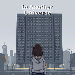 A cartoon-ish style illustration without outlines, featuring a girl in a grey hoodie standing with her back facing an ugly dark grey hotel that dominates the entire cover