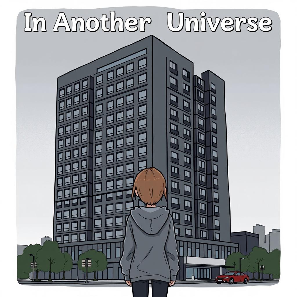 A cartoon-ish style illustration without outlines, featuring a girl in a grey hoodie standing with her back facing an ugly dark grey hotel that dominates the entire cover