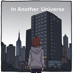 A cartoon-ish style illustration without outlines, featuring a girl in a grey hoodie standing with her back facing an ugly dark grey hotel that dominates the entire cover