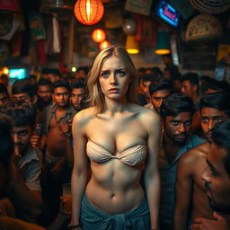 A poignant scene set in a crowded cheap bar in India, featuring a sad white woman in a strapless bikini, with an expressive look of distress
