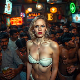 A poignant scene set in a crowded cheap bar in India, featuring a sad white woman in a strapless bikini, with an expressive look of distress
