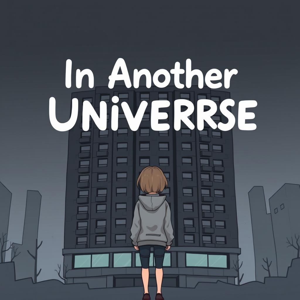 A cartoon-ish style illustration without outlines, featuring a girl in a grey hoodie standing with her back facing an ugly, dark grey hotel that is very close to her and dominates the entire cover