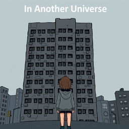A cartoon-ish style illustration without outlines, featuring a girl in a grey hoodie standing with her back facing an ugly, dark grey hotel that is very close to her and dominates the entire cover