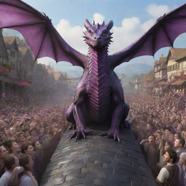 All the citizens, their faces filled with respect and admiration, celebrate the purple-eyed hero who successfully drove the dragon away from their city.