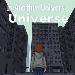 A cartoon-ish style illustration without outlines, featuring a girl in a grey hoodie standing with her back facing an ugly, dark grey hotel that is very close to her and dominates the entire cover