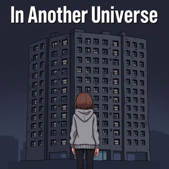 A cartoon-ish style illustration without outlines, featuring a girl in a grey hoodie standing with her back facing an ugly, dark grey hotel that is very close to her and dominates the entire cover