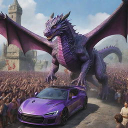 All the citizens, their faces filled with respect and admiration, celebrate the purple-eyed hero who successfully drove the dragon away from their city.