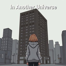 A cartoon-ish illustration without outlines featuring a girl in a grey hoodie standing with her back facing an ugly dark grey hotel that dominates the entire book cover