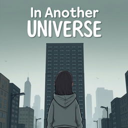 A cartoon-ish illustration without outlines featuring a girl in a grey hoodie standing with her back facing an ugly dark grey hotel that dominates the entire book cover