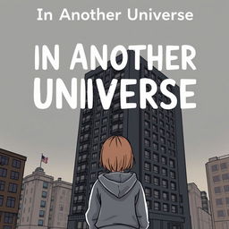 A cartoon-ish illustration without outlines featuring a girl in a grey hoodie standing with her back facing an ugly dark grey hotel that dominates the entire book cover