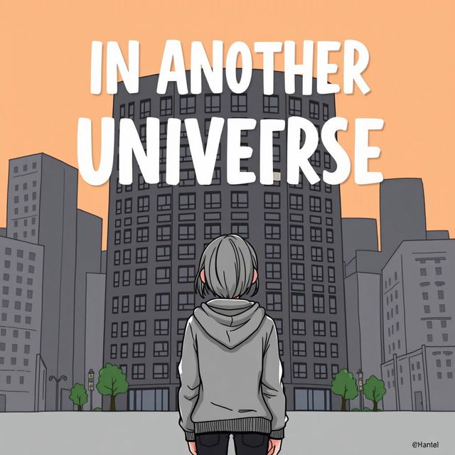 A cartoon-ish illustration without outlines featuring a girl in a grey hoodie standing with her back facing an ugly dark grey hotel that dominates the entire book cover