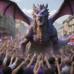 All the citizens, their faces filled with respect and admiration, celebrate the purple-eyed hero who successfully drove the dragon away from their city.