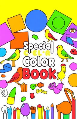 A vibrant and engaging book cover design for 'Special Color Book' featuring simple geometric shapes, colorful birds, friendly animals, and relatable household objects