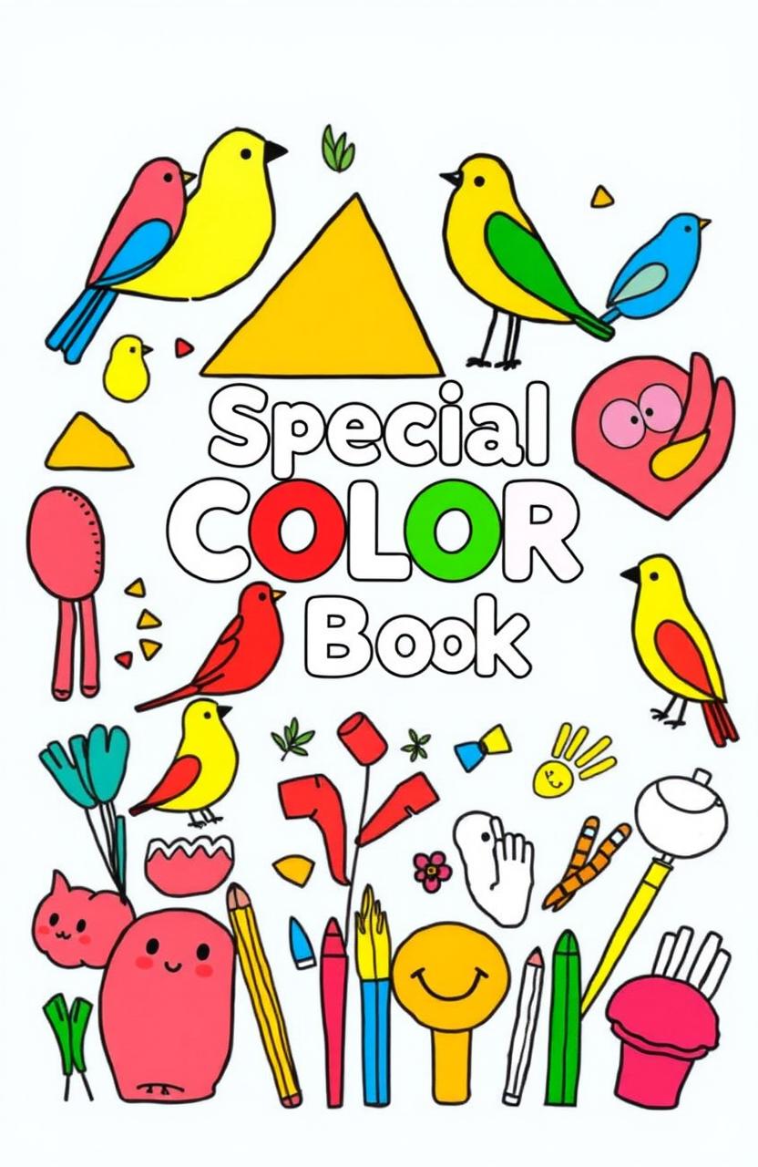 A vibrant and engaging book cover design for 'Special Color Book' featuring simple geometric shapes, colorful birds, friendly animals, and relatable household objects