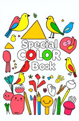 A vibrant and engaging book cover design for 'Special Color Book' featuring simple geometric shapes, colorful birds, friendly animals, and relatable household objects