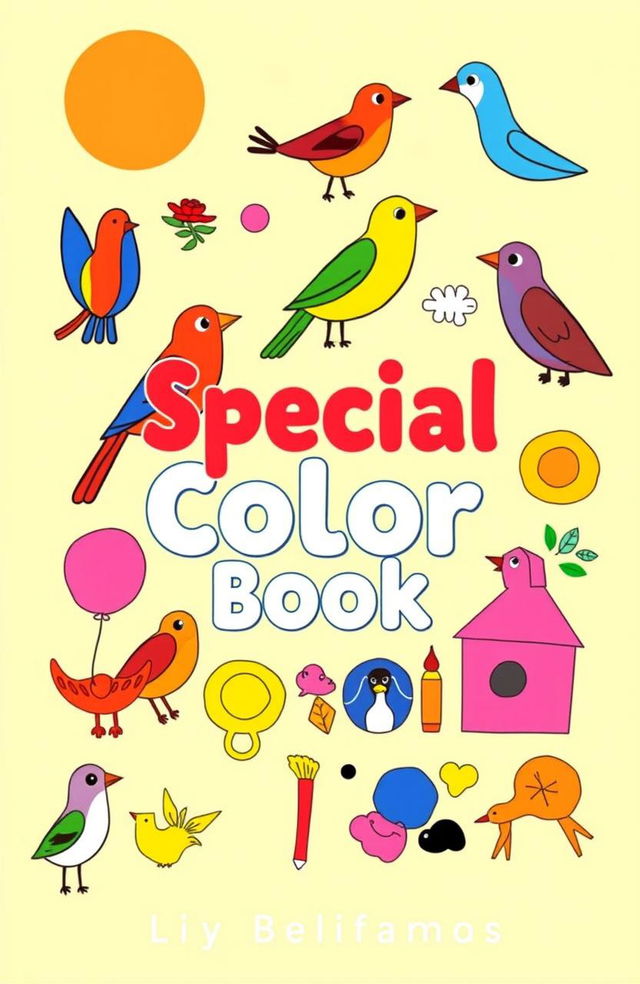 A vibrant and engaging book cover design for 'Special Color Book' featuring simple geometric shapes, colorful birds, friendly animals, and relatable household objects